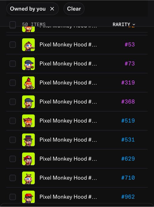 Inventory list of 50 'Pixel Monkey Hood' NFT items owned by the user, displaying various rarity levels including #53, #73, #319, and others.