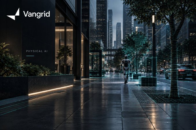 A sleek, dark cityscape advertising 'Vangrid Physical AI,' featuring a humanoid robot walking along a rain-reflective urban sidewalk lined with trees and skyscrapers at night.