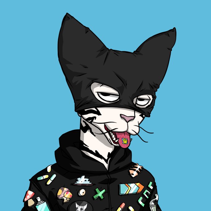 A cartoon illustration of a white cat character with a black mask, sharp teeth, and a lolling tongue wearing a black hoodie covered in colorful gaming and tech-themed stickers against a light blue background.