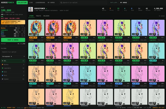 A screenshot of a 'HorsePower' NFT marketplace displaying a collection of pixel-art unicorn and horse profile pictures (PFPs) with various attributes and prices in HP tokens.
