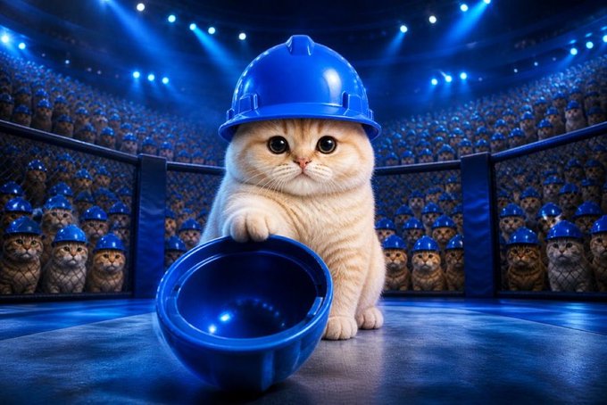 A cute cream-colored kitten wearing a blue construction hard hat stands in an arena, holding out an empty blue bowl, surrounded by crowds of other helmet-wearing cats in the stands. The image humorously illustrates the "$BASECAT" meme thesis, with the lone helmeted kitten and its empty bowl symbolizing the memecoin's "construction" toward a potential breakout rally on the Base network, mirroring preceding cat-themed runs like $CASHCAT and the influence of $ANSEM.