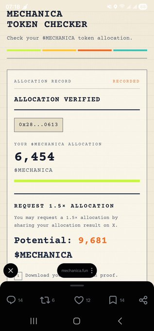 A 'MECHANICA TOKEN CHECKER' screenshot showing an allocation of 6,454 $MECHANICA tokens with verification details.