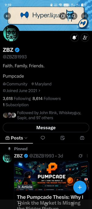 The image shows a Twitter (X) profile page for ZBZ (@ZBZB1993), featuring the bio "Faith. Family. Friends. Pumpcade" with 3,618 Following and 8,614 Followers, along with a pinned post promoting "The Pumpcade Thesis." This aligns with the accompanying post congratulating the user and expressing bullish sentiment on $PUMPCADE, indicating the user is likely affiliated with or promoting the Pumpcade project.