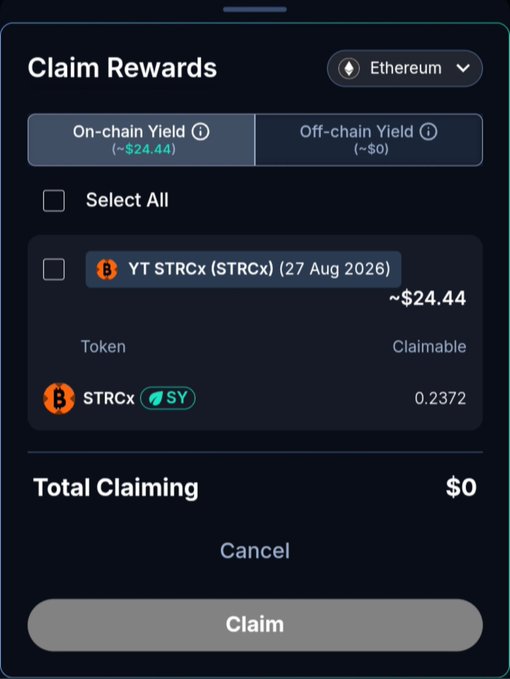 A mobile app screenshot showing a 'Claim Rewards' interface for Ethereum, displaying an On-chain Yield of approximately $24.44 for YT STRCx (STRCx) expiring 27 Aug 2026, with 0.2372 tokens claimable.