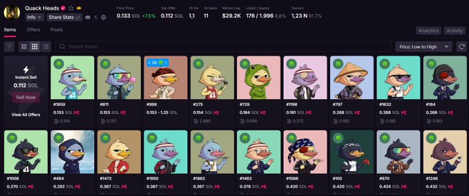 A cryptocurrency NFT marketplace profile page titled 'Quick Heads' displays a Floor Price of 0.133 SOL, Top Offer of 0.112 SOL, and a grid of cartoon penguin and duck avatar collectibles with various price tags in SOL.