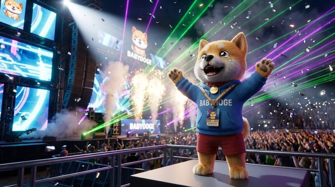 A digital illustration of a Shiba Inu dog mascot wearing a blue "BABYDOGE" hoodie and a gold chain, standing on a stage with lasers, fireworks, and a cheering crowd.