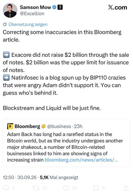 A tweet from Samson Mow (@Excellion) correcting inaccuracies in a Bloomberg article about Adam Back, stating that Exacore did not raise $2 billion and that Blockstream and Liquid will be fine.