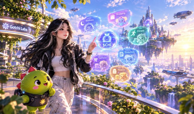 A fantasy-style illustration of an anime-like woman with a small green dinosaur character, surrounded by floating icons for Wellness, Shopping, Fitness, $CHI, Productivity, Commerce, and Finance, with 'Gotchi Labs' signage visible.