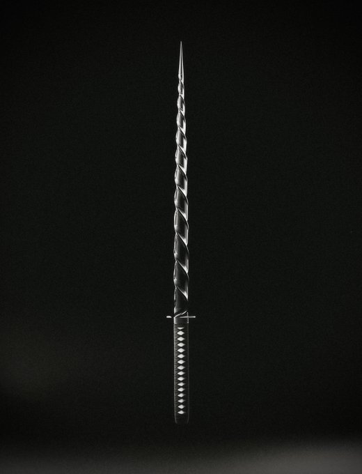 A photograph of an ornate, dark metal sword with a twisted blade and a diamond-patterned handle displayed vertically against a black background.