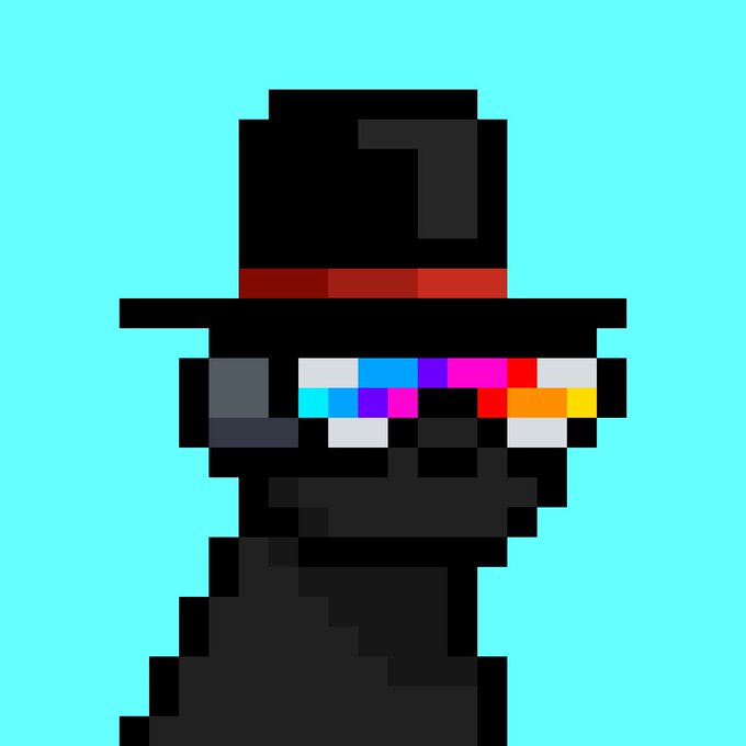 A pixel art image of a figure wearing a black top hat and sunglasses with a colorful, glitchy lens band, set against a cyan background.