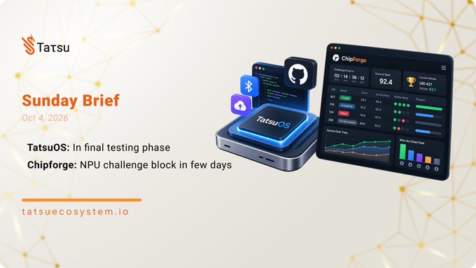The image is a "Sunday Brief" update dated Oct 4, 2026, for the Tatsu ecosystem, featuring the Tatsu logo and 3D-rendered hardware (appearing to be a TatsuOS device alongside a "TAFU Dashboard" and "ChipForge" interface). The dashboard displays stats including "92.4" (Score) and "UIO 427" with a trophy icon, highlighting updates on TatsuOS being in final testing phase and ChipForge's upcoming NPU challenge block.