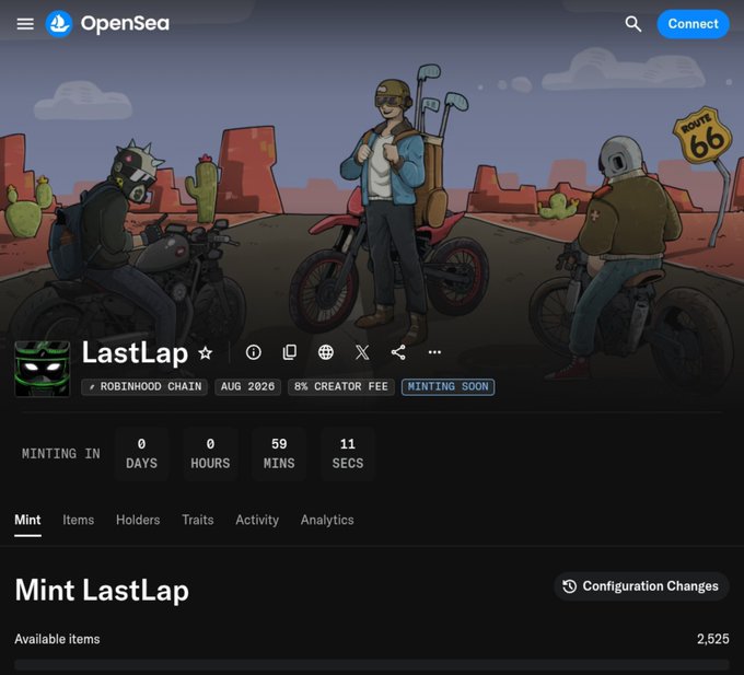 An OpenSea NFT minting page for a collection called 'LastLap' on the Robinhood Chain, scheduled for August 2026 with an 8% creator fee, featuring countdown timers and a desert biker theme with a Route 66 sign.