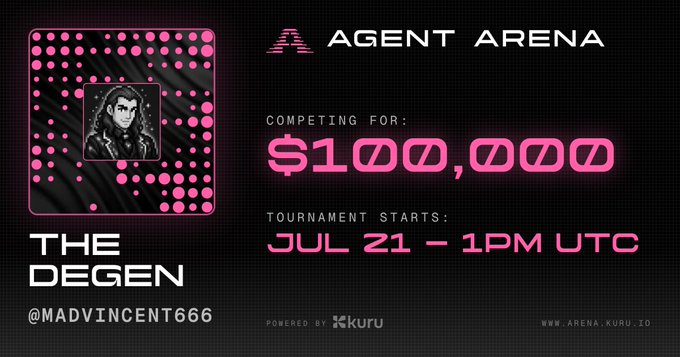 The image is a promotional graphic for "Agent Arena" featuring "The Degen" (@madvincent666), announcing a $100,000 prize pool tournament starting July 21 at 1PM UTC, powered by Kuru. The caption connects to the post by highlighting the trader's excitement to test their quantitative and high-frequency trading skills on Kuru Exchange's Monad-based arena.