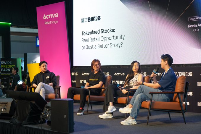 A panel discussion at the MBFW6 event's Activ8 Retail Stage titled "Tokenised Stocks: Real Retail Opportunity or Just a Better Story?" featuring four speakers seated on a stage.
