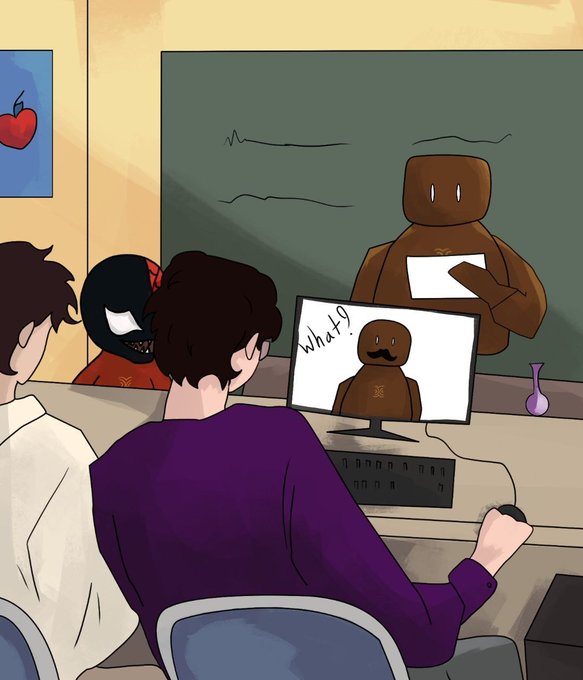 An illustration shows a person looking at a screen displaying a brown figure with a mustache and the word 'What!?', while another similar brown figure stands at a chalkboard.