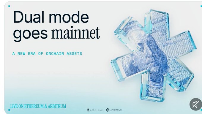 A pale blue promotional graphic for a project called “mainnet” reads “Dual mode goes mainnet” and “A NEW ERA OF ONCHAIN ASSETS,” with “LIVE ON ETHEREUM & ARBITRUM” at the bottom and Ethereum and Arbitrum logos.