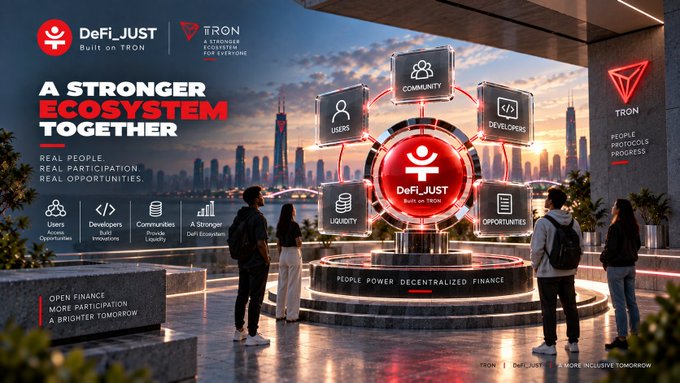 An advertisement for 'DeFi_JUST Built on TRON' promoting 'A STRONGER ECOSYSTEM TOGETHER' with the slogan 'REAL PEOPLE. REAL PARTICIPATION. REAL OPPORTUNITIES.'