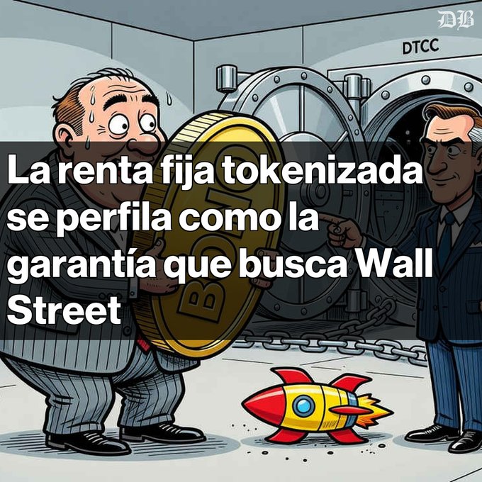 A cartoon illustration showing a sweating man holding a large gold coin with a Bitcoin-like symbol while another man points at a rocket ship, with Spanish text reading 'La renta fija tokenizada se perfila como la garantía que busca Wall Street' and a 'DTCC' label in the background.