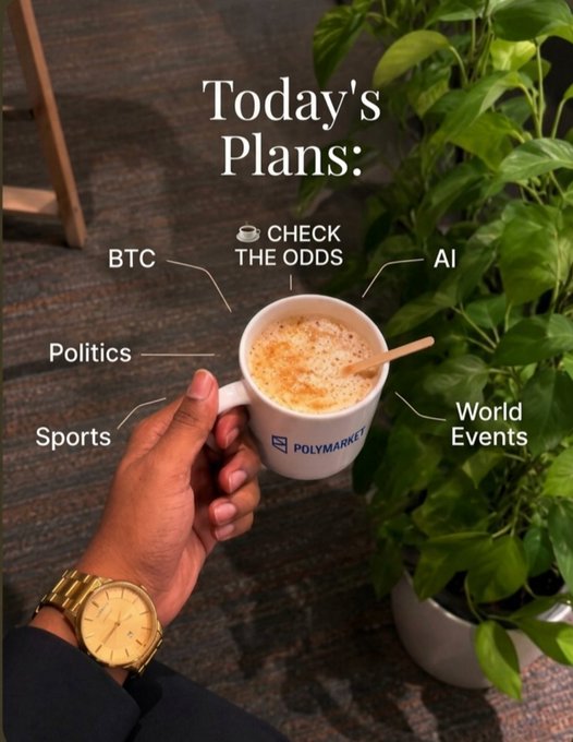 A hand holding a coffee mug branded "Polymarket" appears in the image, surrounded by labels pointing to topics like "BTC," "AI," "Politics," "Sports," and "World Events," with "Today's Plans: CHECK THE ODDS" written above. The graphic visually reinforces the post's message about checking prediction market odds on coffee, politics, sports, and global events before reacting to headlines.
