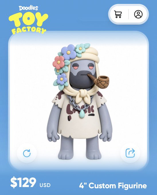A screenshot of a 'Doodles Toy Factory' app page showing a 3D figurine of a gray character with a flower crown, pipe, and chain, priced at $129 USD for a 4" Custom Figurine.
