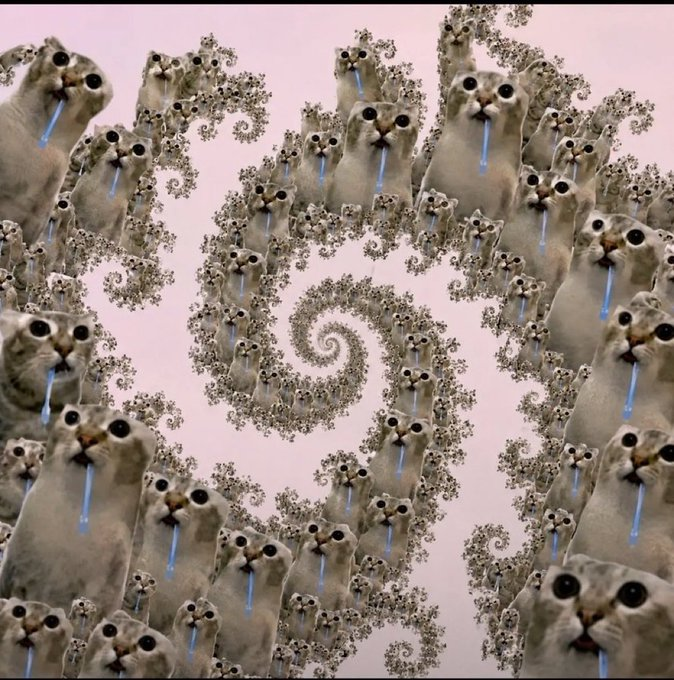 Recursive fractal image made up of numerous cat faces with drooling expressions arranged in a spiral pattern.