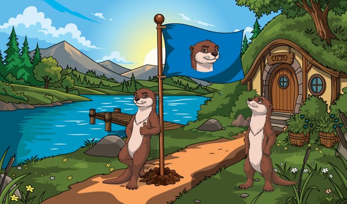 Two cheerful otters stand proudly by a flag featuring an otter mascot and a cozy cottage labeled "OTTO," promoting the @ottoclubhouse NFT mint and $200 giveaway.