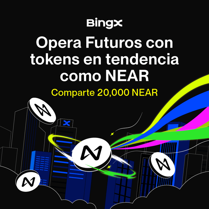 The image features a city skyline with buildings of various sizes, including one that appears to be burning. The sky above the city has a colorful effect due to the smoke from the fire. In the center of the image, there are four coins flying in different directions and colors - blue, green, pink, and yellow. The text on the image reads "Bingx opero futuros con tokens en tendencia como como NEAR", which translates to "Bingx offers a futuristic future with tokens".