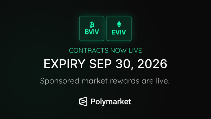 A Polymarket promotional graphic announcing 'CONTRACTS NOW LIVE' for BVIV and EVIV with an expiry date of Sep 30, 2026.