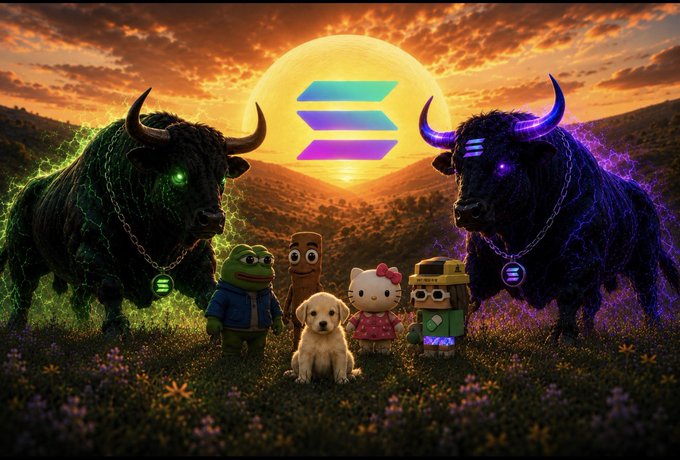 The Solana logo sets against a dramatic sunset backdrop with two glowing-eyed bulls flanking a lineup of memes and characters in the foreground. This imagery pairs with a bullish "good morning" salute to Solana traders, reinforcing the optimistic momentum behind $SOL, $ANSEM, and $CURB.
