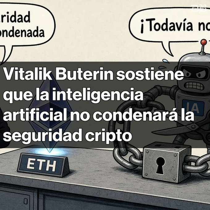 A Spanish-language comic meme showing a robot labeled 'IA' with chains and a padlock looking at an Ethereum (ETH) crystal, with speech bubbles partially reading '...ridad ...ndenada' and '¡Todavía no...', overlaid with text: 'Vitalik Buterin sostiene que la inteligencia artificial no condenará la seguridad cripto'.