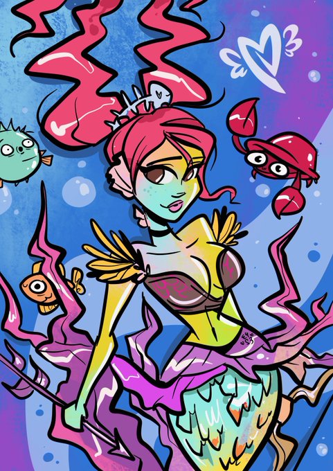 A colorful cartoon illustration of a mermaid with red hair, green skin, and a pink tail surrounded by sea creatures and coral.