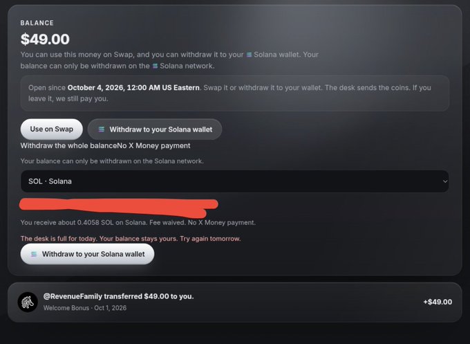 The image shows a withdrawal interface displaying a $49.00 balance from @RevenueFamily on October 1, 2026, where the user attempted to withdraw to their Solana wallet (receiving ~0.4058 SOL) but encountered a "desk is full for today" message. This directly supports the post's claim that despite submitting a withdrawal request at 03:00:05 UTC, the platform denied the transaction, suggesting potential scam behavior by REVENUE.