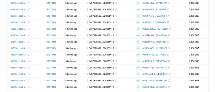A list of cryptocurrency transactions on a blockchain explorer showing multiple transfers of 0.138 BNB, all occurring 54 minutes ago from addresses starting with 0x695e1cdc.