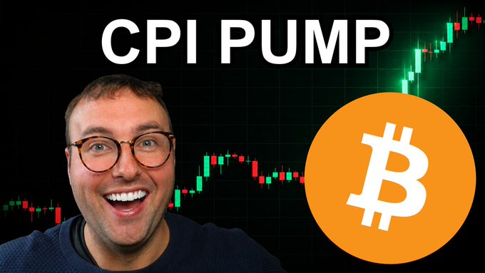 A smiling man with glasses is shown next to a Bitcoin logo and "CPI PUMP" text against a candlestick chart background, suggesting a Bitcoin price rally tied to CPI data.