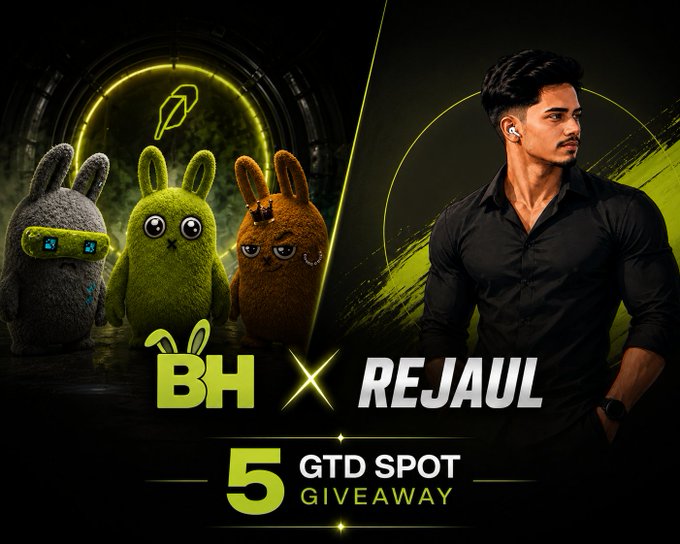 A promotional giveaway image featuring three animated bunny characters on the left and a man on the right, with "BH X REJAUL" branding and text announcing "5 GTD SPOT GIVEAWAY" for BunnysHood. The image visually represents the collaboration giveaway mentioned in the post, where Rejaul is offering 5 guaranteed spots for the BunnysHood project on Robinhood Chain.