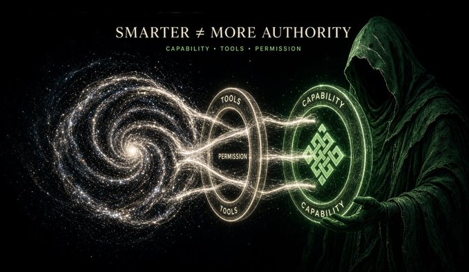 A dark, dramatic digital artwork featuring a hooded figure with the text 'SMARTER ≠ MORE AUTHORITY' and 'TOOLS', 'PERMISSION', 'CAPABILITY' encircling a glowing green geometric symbol against a cosmic spiral background.