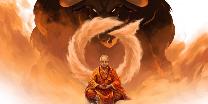 Digital artwork of a monk in orange robes meditating in front of a massive, glowing lion-like creature emanating fire and energy.