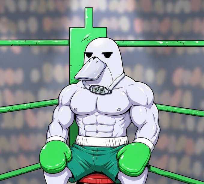 An anthropomorphic muscular duck wearing green boxing gloves and shorts sits in a boxing ring, displaying a tag reading "102.6F." The image ties to the post's "team green candles" rallying cry by depicting a bullish duck fighter ready to throw punches for green market gains.