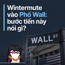 Thumbnail-style image with Vietnamese text "Wintermute vào Phố Wall: bước tiến này nói gì?" featuring a pixel art character and a Wall Street sign.