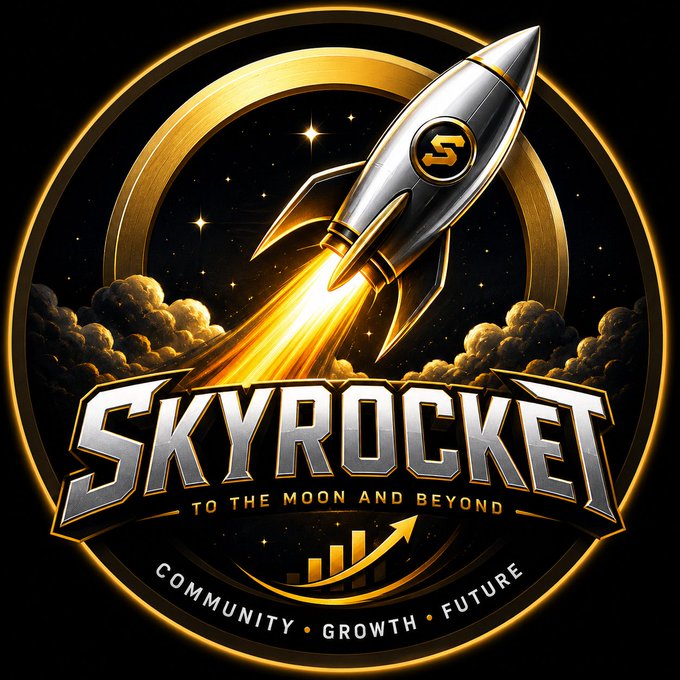 A circular logo featuring a silver and gold rocket with an 'S' emblem launching upward, set against a starry night sky, with the bold text 'SKYROCKET TO THE MOON AND BEYOND' and 'COMMUNITY • GROWTH • FUTURE' displayed below.