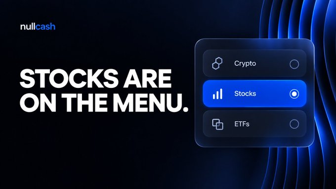 A promotional graphic for 'nullcash' featuring the text 'STOCKS ARE ON THE MENU.' alongside a menu interface selecting 'Stocks' over 'Crypto' and 'ETFs'.