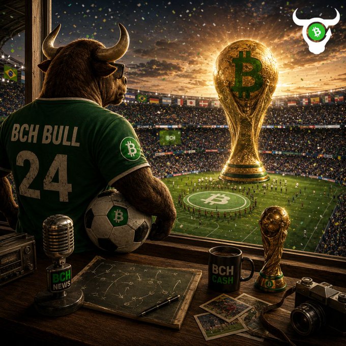 A bull wearing a green "BCH BULL 24" jersey gazes at a glowing golden World Cup-style trophy emblazoned with the Bitcoin Cash logo, overlooking a packed stadium with a Bitcoin-branded pitch—visually crowning BCH as the "P2P world champion." A "BCH CASH" mug, "BCH NEWS" microphone, and surrounding crypto memorabilia reinforce the championship narrative.