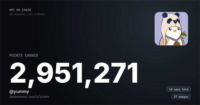 An NFT points dashboard showing 'NPC ON CHAIN' with a penguin character icon, displaying 2,951,271 points earned by @yummy on npconchain.xyz, with 10 NPCs held and 27 badges.