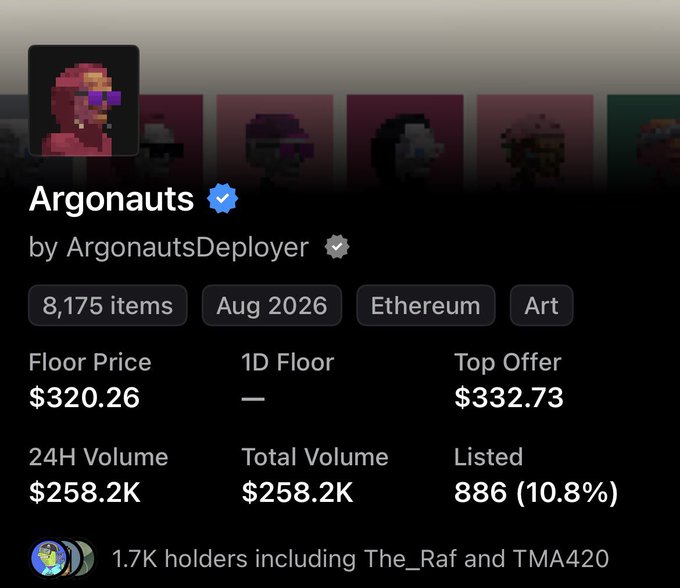 A screenshot of the "Argonauts" NFT collection by ArgonautsDeployer on Ethereum, showing 8,175 items with a floor price of $320.26 and 24H volume of $258.2K, illustrating how holders are listing their NFTs around the $300 price point — fitting the post's joke about people listing their $300 assets.