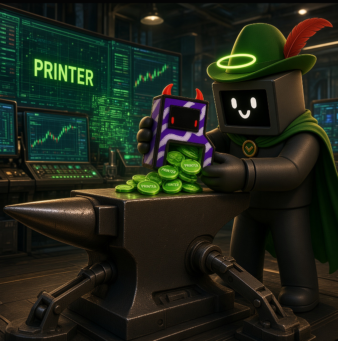 A robotic figure with a green hat and feather tends to an anvil in a workshop displaying "PRINTER" on its screens, pouring glowing green "PRINTER" tokens from a purple crate. The scene visually represents the newly launched Anvil system, with the coins symbolizing the low PRINTER liquidity and the crates reflecting the new CRATE system mentioned in the post.