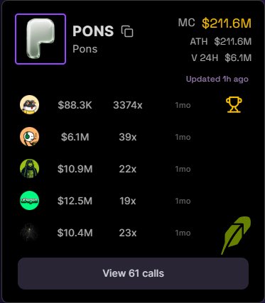 A cryptocurrency tracking interface showing token 'PONS' with a market cap of $211.6M, ATH $211.6M, and 24H volume of $6.1M.