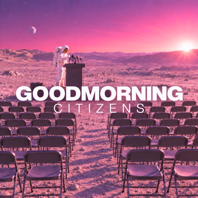 An astronaut stands at a podium addressing rows of empty chairs in a pink-hued desert landscape, with the text 'GOODMORNING CITIZENS' overlaid across the center.