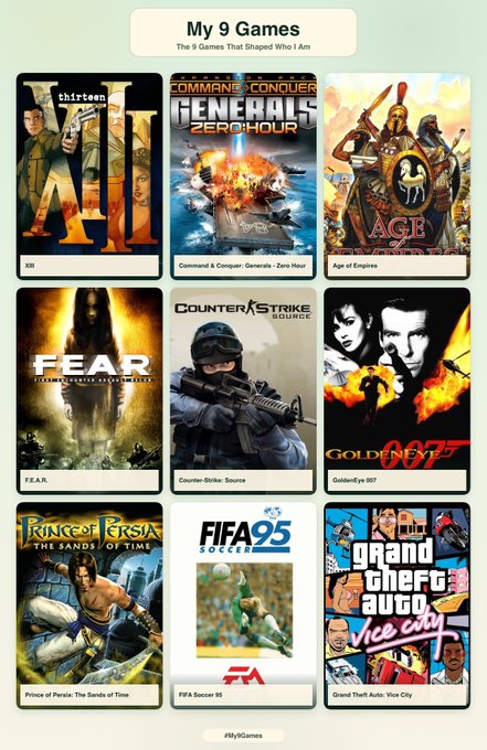 A graphic titled 'My 9 Games: The 9 Games That Shaped Who I Am,' displaying covers of thirteen, Command & Conquer Generals: Zero Hour, Age of Empires, F.E.A.R., Counter-Strike: Source, GoldenEye 007, Prince of Persia: The Sands of Time, FIFA Soccer 95, and Grand Theft Auto: Vice City.