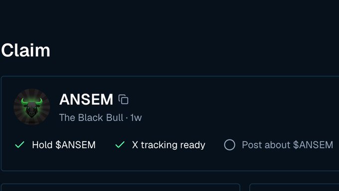 A dark-themed 'Claim' screen for the '$ANSEM' token, showing 'The Black Bull' username with checkmarks for 'Hold $ANSEM' and 'X tracking ready'.
