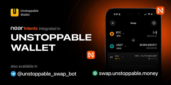 The image shows a cell phone displaying an advertisement for Unstoppable Wallet. The main focus of the image is a black and orange background with text that reads "Unstoppable now completes its NEAR Intents @near_intents integration and testing phase and now includes in all Unstoppable products". This suggests that the wallet has been integrated into the app, providing users with enhanced privacy features. The advertisement also mentions that the wallet is available for download on multiple platforms, including Twitter, Facebook, and Instagram.